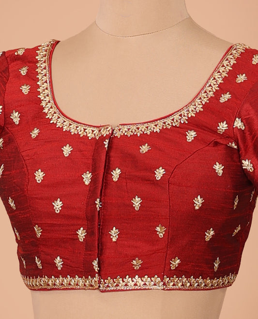 Maroon intricately thread embroidered front-back round neck elbow sleeve blouse