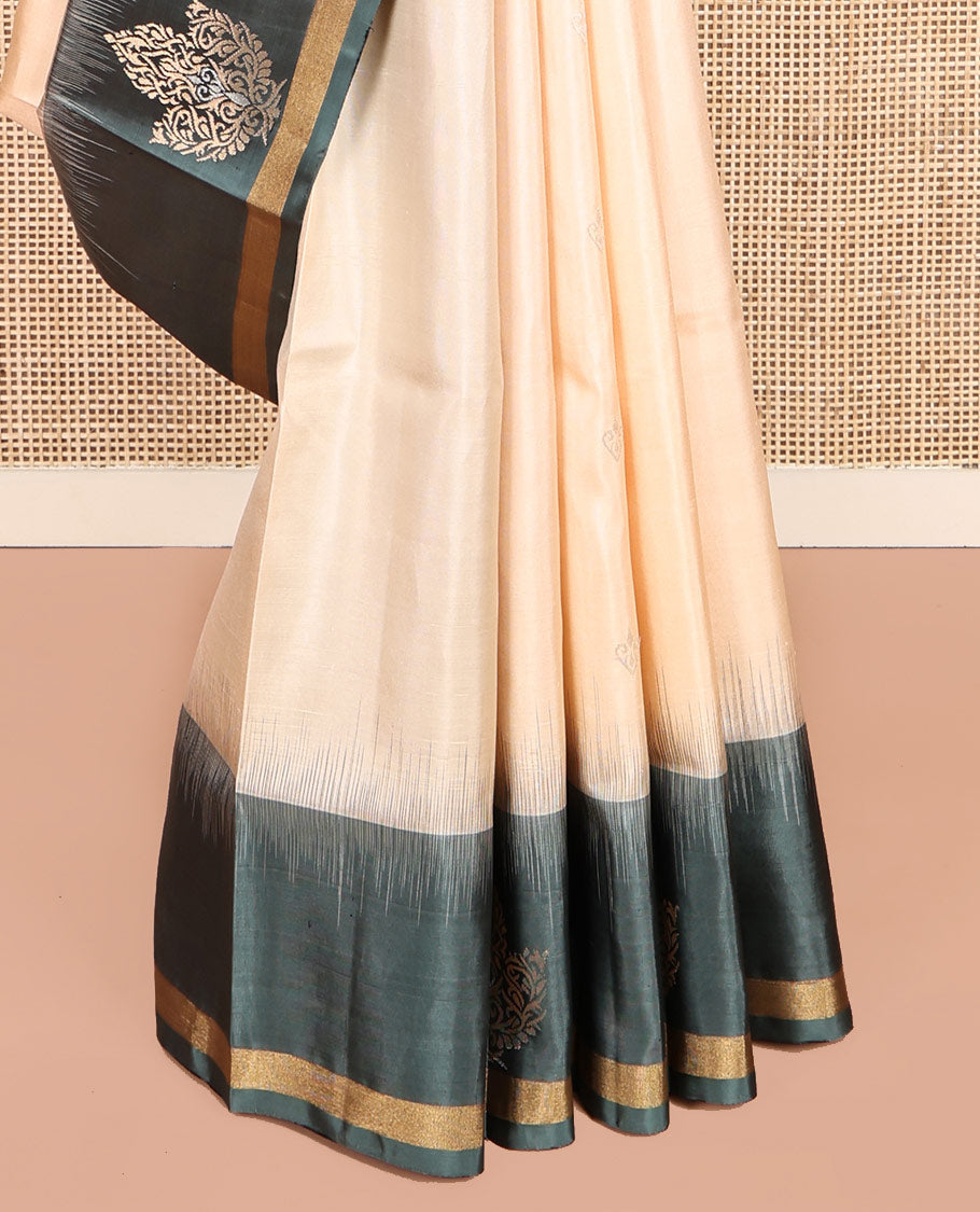 Sandal Mayuri Soft Silk Saree, Sparsely Threaded with Buttas, Contrast Zari Buttas Border, and a Pallu Features Intricate Designs and Contrast Blouse