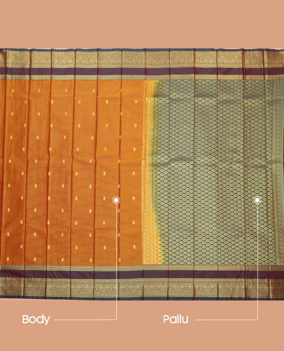 Orange Budget Silk Saree, Subtly Woven with Buttas All Over Its Body, Complemented by Contrast Traditional Zari Rettai Pettu Border, Grand Pallu, and Paired with a Contrast Blouse