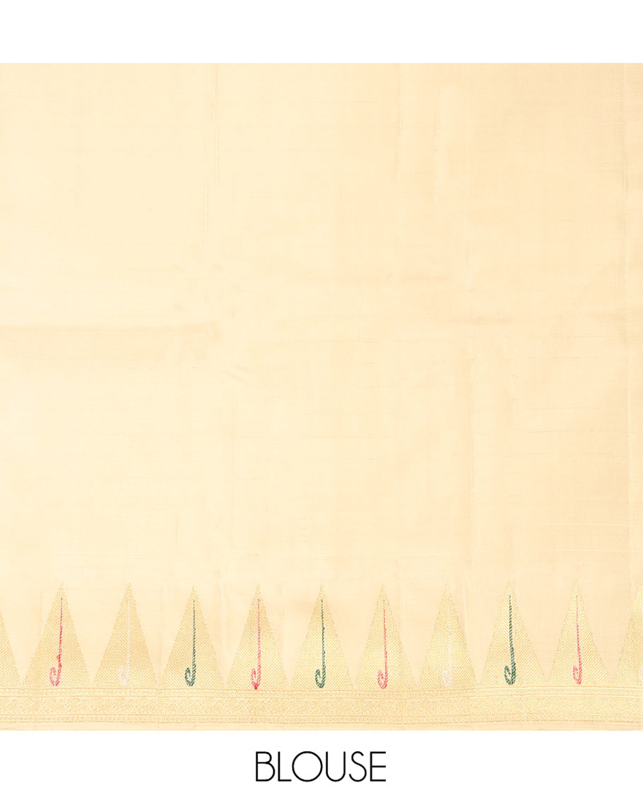 Light Sandal Kanchipuram Designer Silk Saree, Masterfully Woven with Zari Checks, Highlighted by Temple Zari Muniya Border, Zari Woven Pallu, and a Matching Blouse