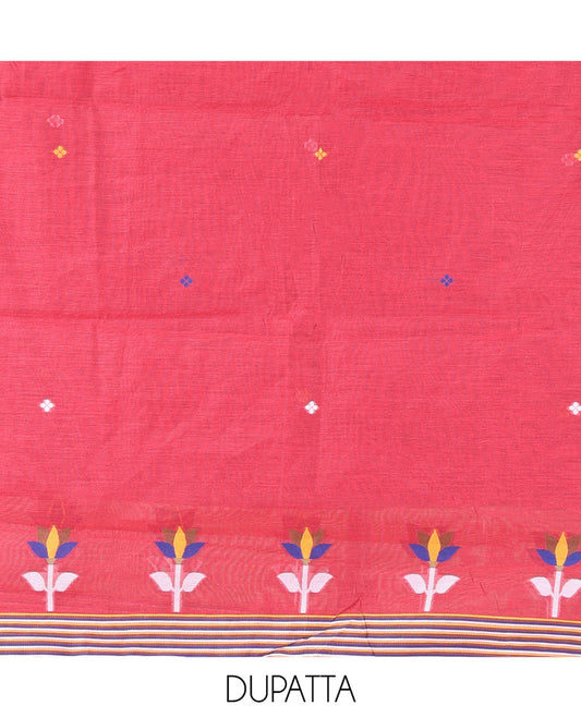 Maroon Mul Chanderi Material Churidar Features Jamdani-Style Meena Buttas Top, a Plain Bottom, and a Jamdani-Style Dupatta