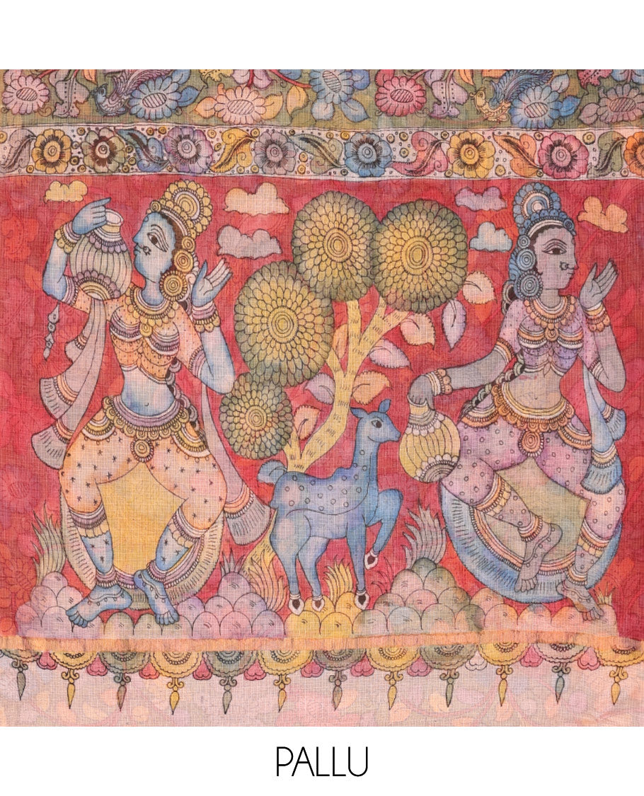 Grey Floral Vine Pen Kalamkari Silk Saree, a Contrast Zari Border, God Motif Pallu, a Contrast Blouse