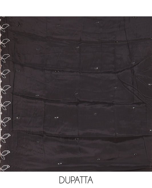 Black Mul Chanderi Material Churidar Features a Floral Outline Embroidered Top, a Santoon Bottom, a Scallop Threadwork Dupatta