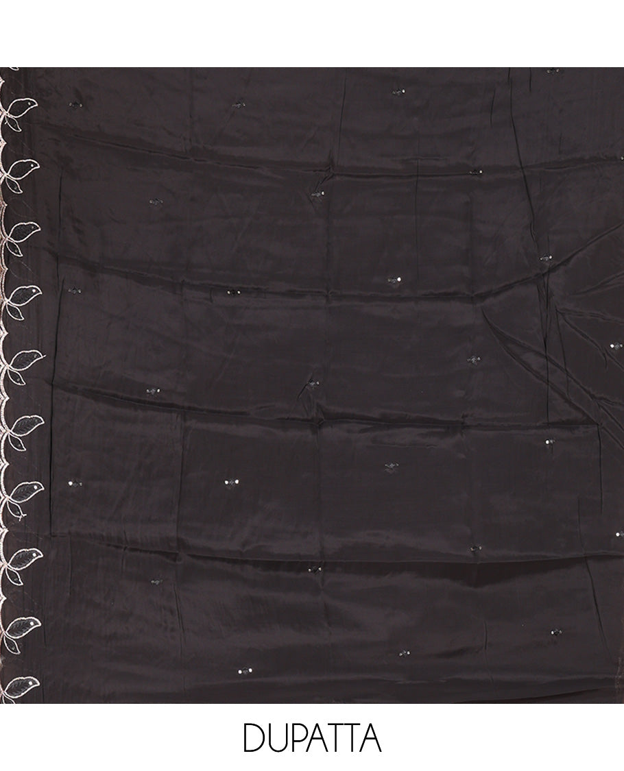 Black Mul Chanderi Material Churidar Features a Floral Outline Embroidered Top, a Santoon Bottom, a Scallop Threadwork Dupatta
