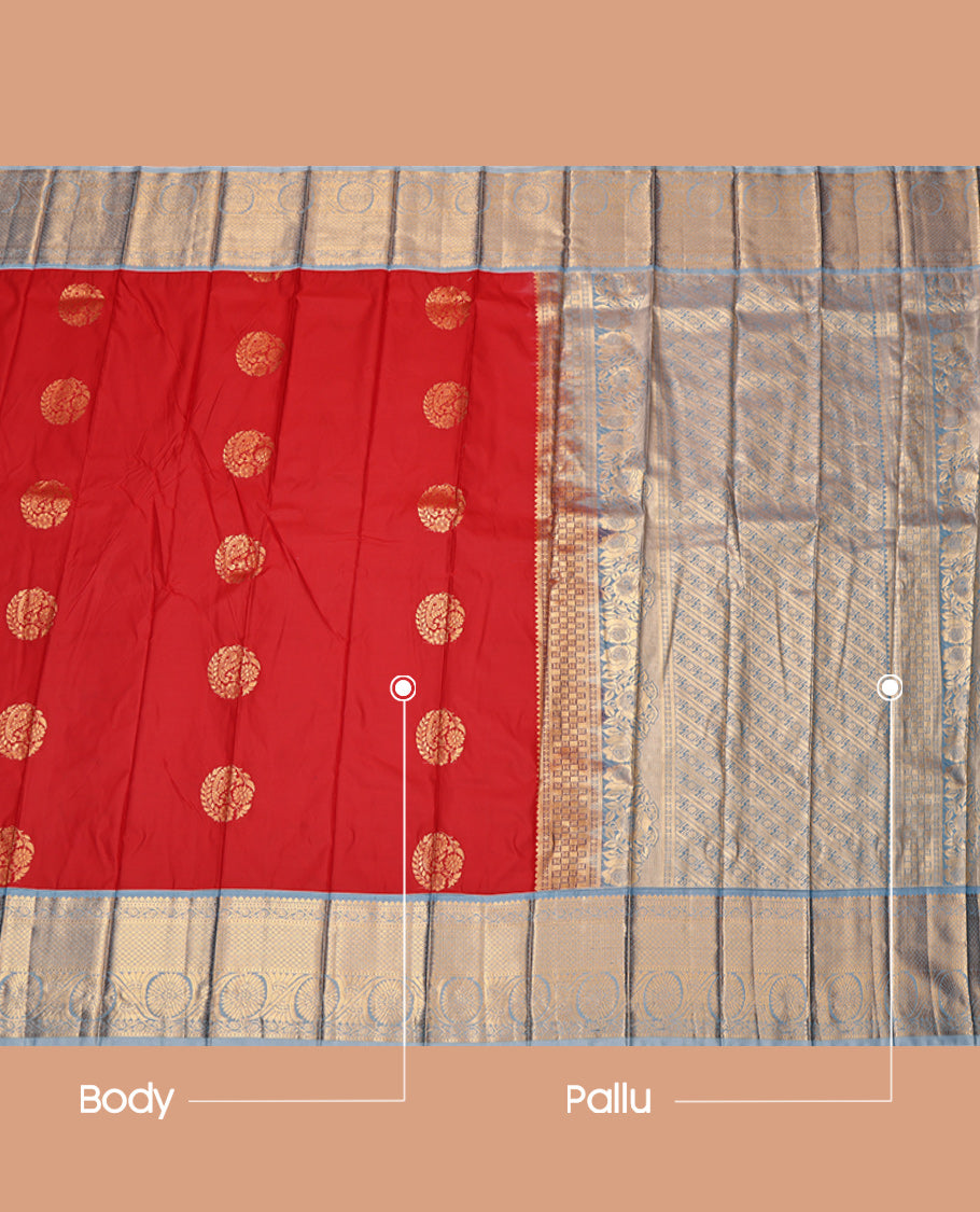 Rust Budget Silk Saree, Elevated with Zari Buttas, Complemented by Contrast Traditional Zari Border, Grand Pallu and a Contrast Blouse