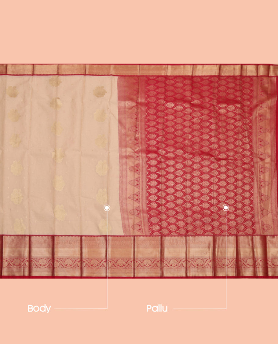 Sandal Budget Silk Saree, Sparsely Woven with Zari Buttas, Complemented by a Contrast Traditional Zari Border, Grand Pallu, and a Contrast Blouse