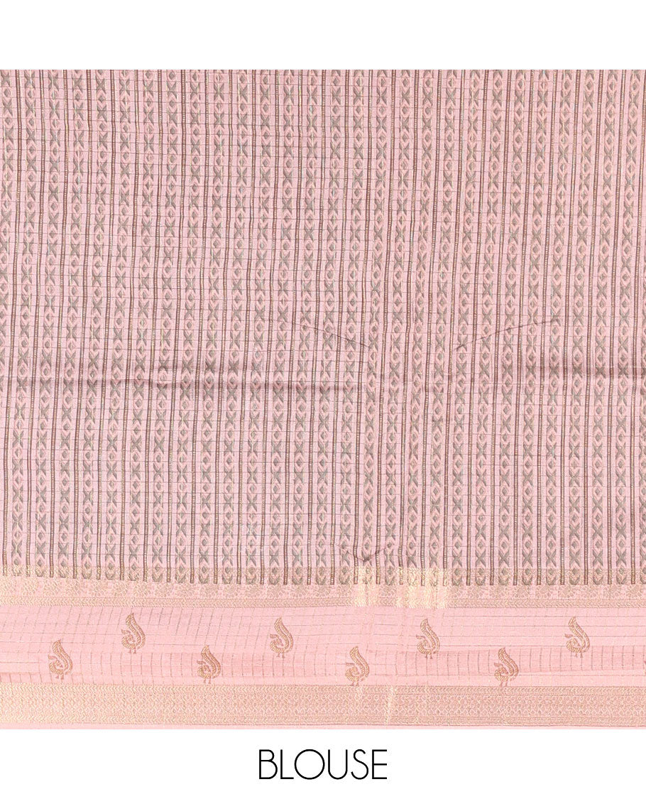 Blue gold zari checked katan silk saree with contrast traditional zari border of peacock print, peacock printed pallu, and contrast printed blouse