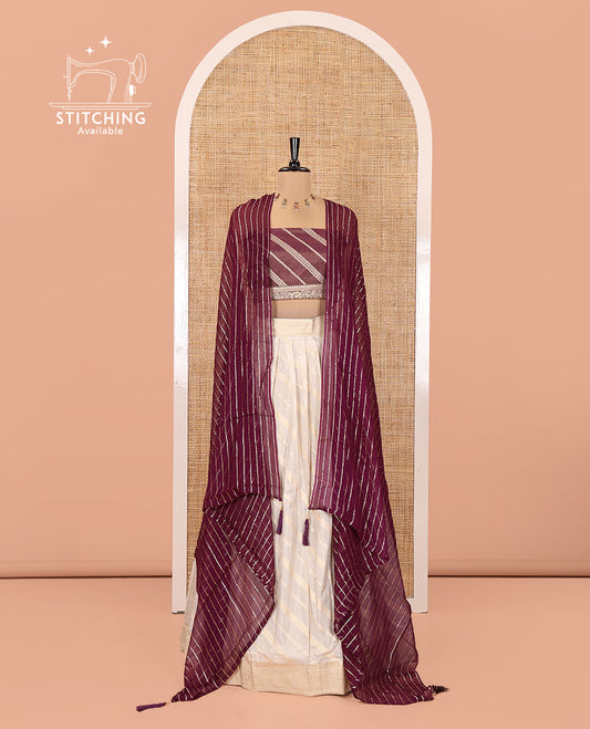 Cream-Purple Semi-Banarasi Half-Saree Features Leheriya Striped Skirt, Contrast Leheriya Striped Blouse, Georgette Striped Dhavani