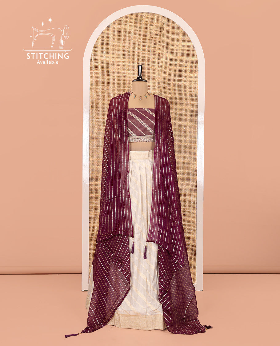 Cream-Purple Semi-Banarasi Half-Saree Features Leheriya Striped Skirt, Contrast Leheriya Striped Blouse, Georgette Striped Dhavani