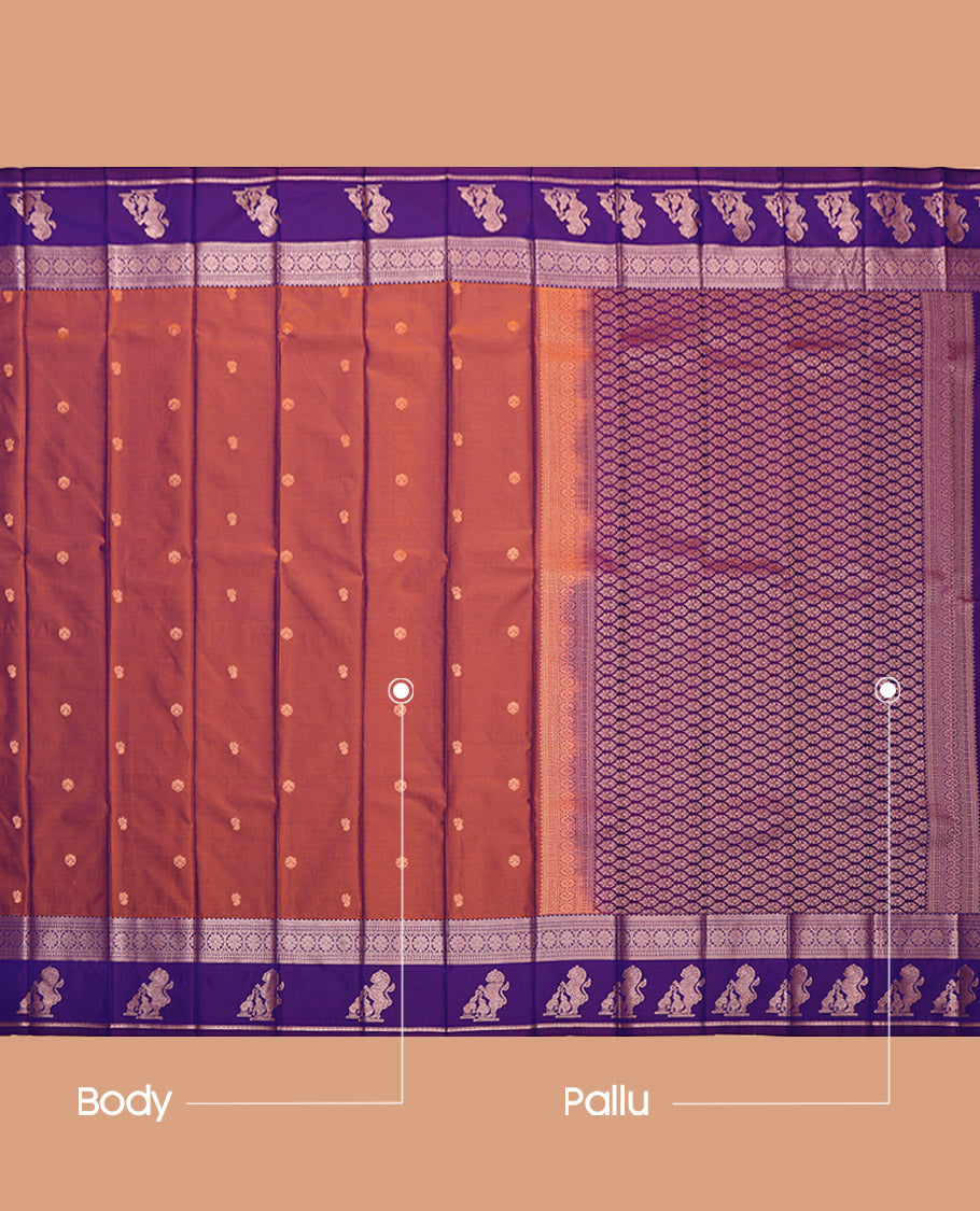 Rust Budget Silk Saree, Spotlighted with Zari Buttas, Complemented by a Contrast Traditional Zari Border of Singam Designs, Grand Pallu, and a Contrast Blouse