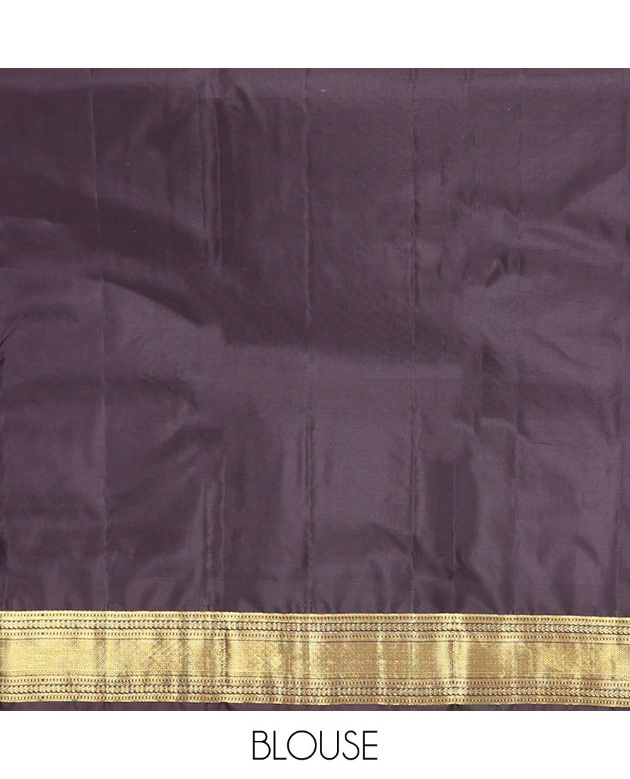 Orange Vasundhara Silk Saree, Artfully Woven with Mayil Buttas All Over Its Body, Complemented by Contrast Border Featuring Thazampoo Rekku, Muthu, Lavangam, and Mayil Kann Designs, a Grand Pallu of Jaal Designs, and Paired with a Contrast Blouse
