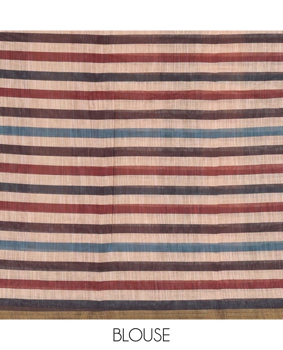Multi-color striped linen saree, contrast geometric patterned border, intricate pallu & striped blouse