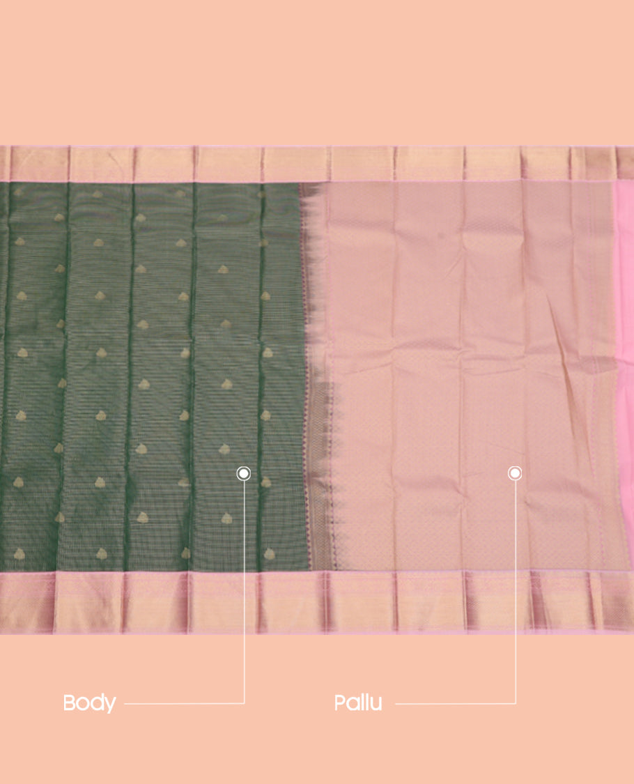 Green Budget Silk Saree, Gleamed Up with Zari Buttas and Checks, Complemented by Contrast Traditional Zari Border, Jaal Pallu, and a Contrast Blouse