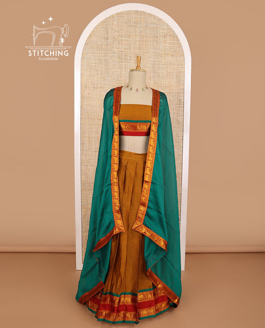 Brown striped cotton saree with contrast intricate zari design, zari design blouse & plain, elephant design border dhavani