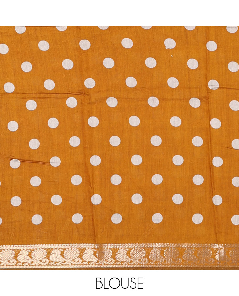 Purple-mustard shibori printed muslin cotton saree, contrast batik elephant print border of zari annam, batik elephant pallu, and contrast polka dots print blouse