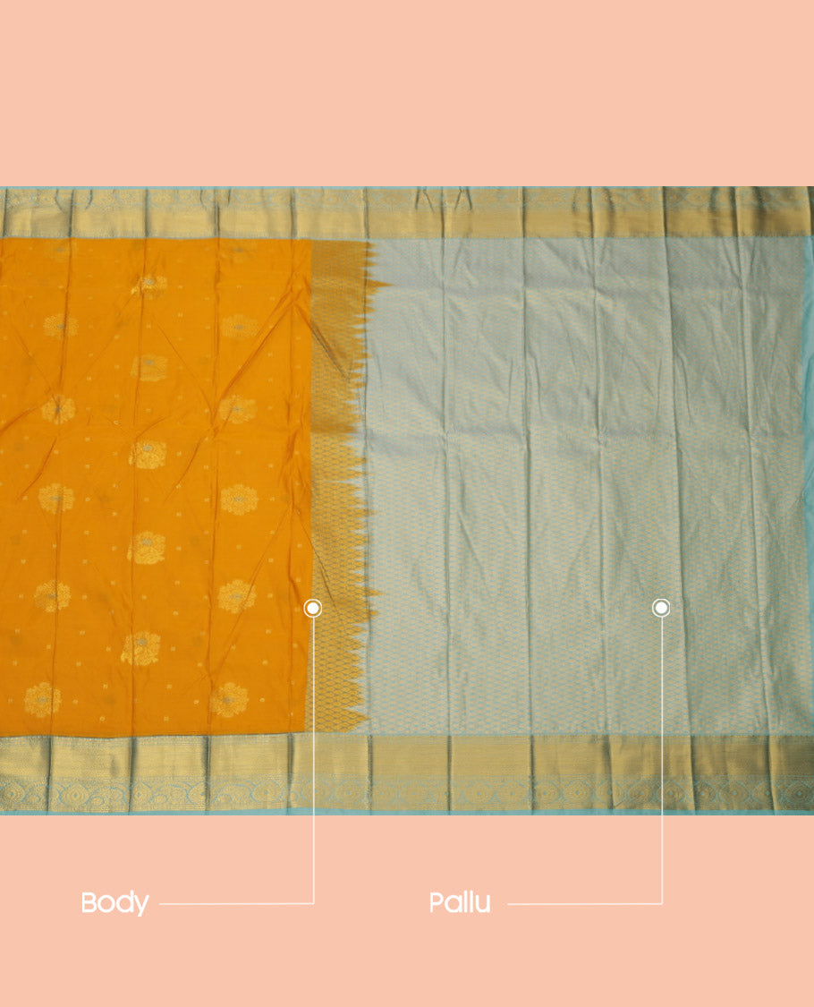 Yellow Budget Silk Saree, Enlivened with Zari Buttas, Complemented by a Contrast Traditional Zari Border, Grand Jaal Pallu, and Contrast Blouse