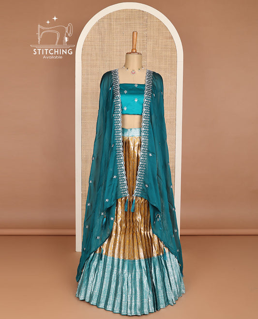 Sandal floral jacquard half saree with contrast intricate zari border, embroidered blouse & floral embroidery scallop border dhavani