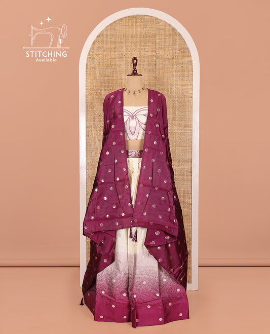 Cream-Dark Purple Semi-Silk Half-Saree Features Flower Buttas Skirt, Contrast Border, Matching Blouse, Contrast Dhavani