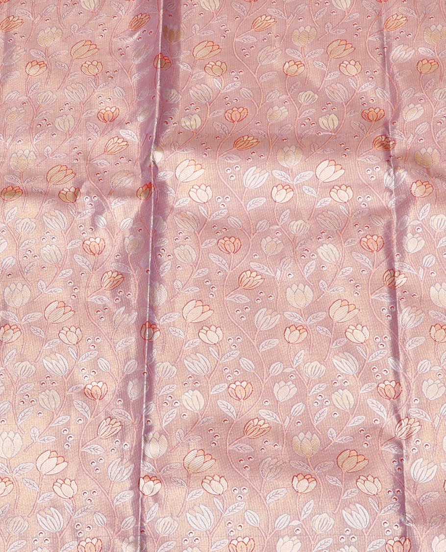 Pale Pink Art Silk Material Half Saree Set, Woven with Floral Jacquard Skirt, a Contrast Jacquard Border, Contrast Blouse, and an Intricate Dhavani