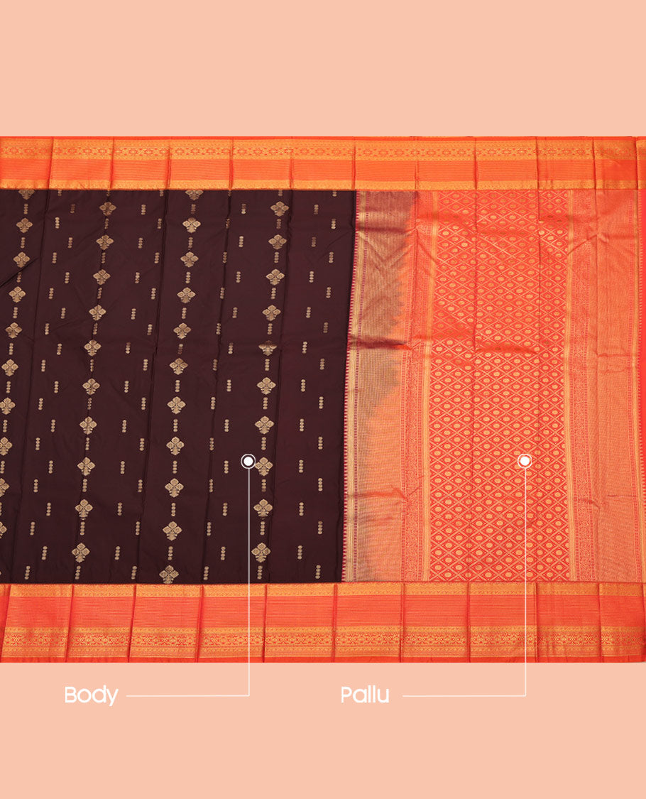 Brown Budget Silk Saree, Enlivened with Zari Buttas All Over Its Body, Complemented by a Contrast Traditional Zari Design Border, Grand Jaal Pallu, and Paired with a Contrast Blouse