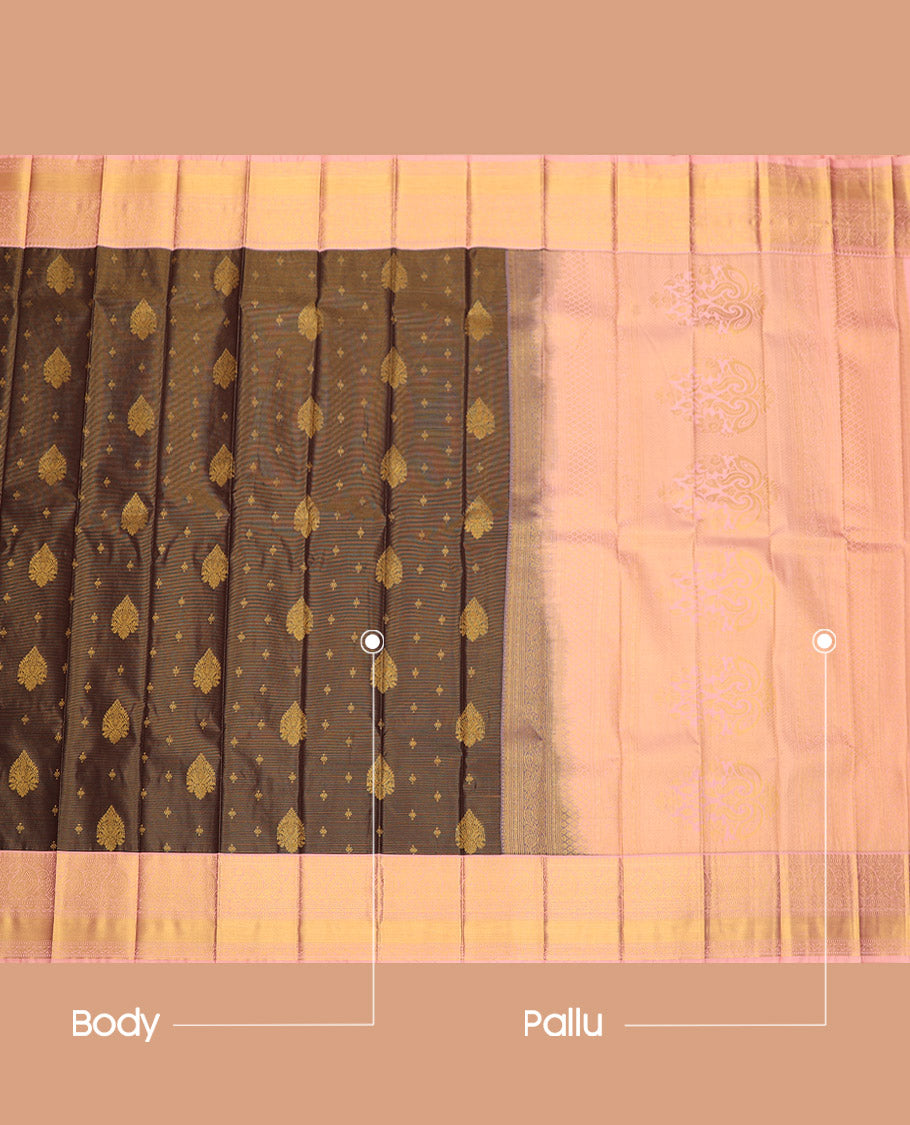 Brown Budget Silk Saree, Gleamed Up with Zari Buttas, Complemented by a Contrast Traditional Zari Border, Grand Pallu, and a Contrast Blouse