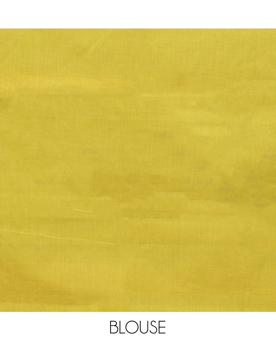 Parrot Green Chettinad Cotton Saree, Woven with Buttas All Over Its Body, Complemented by a Contrast Ganga-Jamuna Kal Eragina Border of Kodi Peacock and Elephant Designs, Pallu of Buttas and Stripes, and Paired with a Matching Blouse