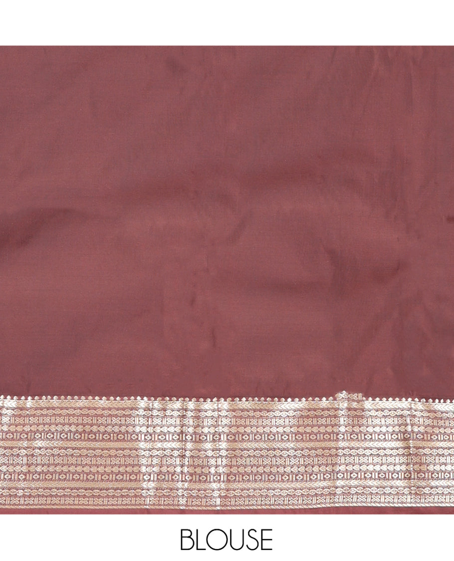 Orange Budget Silk Saree, Artfully Detailed with Mayil-Chakram Buttas, Complemented by a Contrast Traditional Zari Border, Pallu of Jaal and Paisleys, and Contrast Blouse