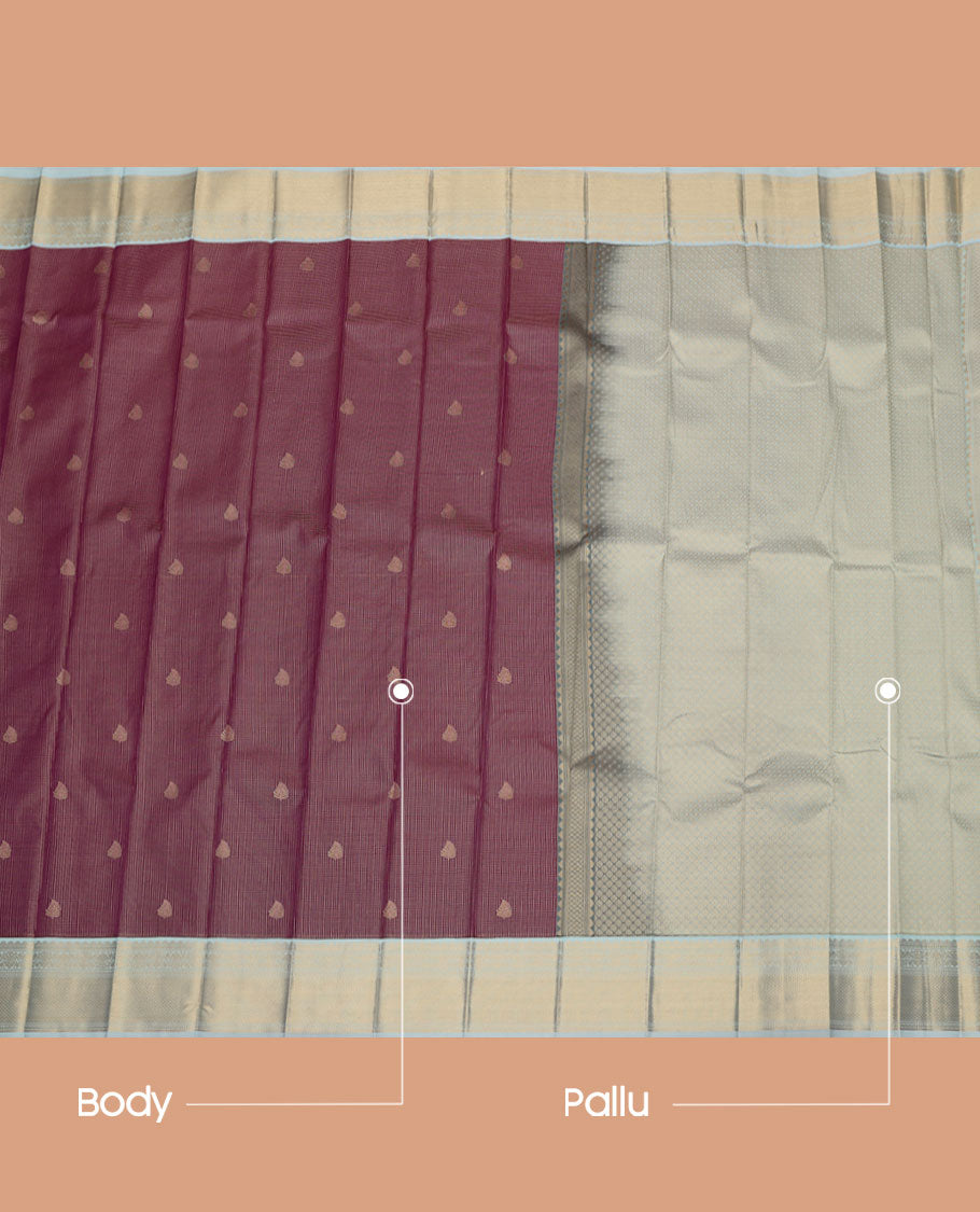 Light Maroon Budget Silk Saree, Sparsely Woven with Zari Buttas and Micro-Checks on Its Body, Complemented by a Contrast Traditional Zari Design Border, Jaal Design Pallu, and Paired with a Contrast Blouse