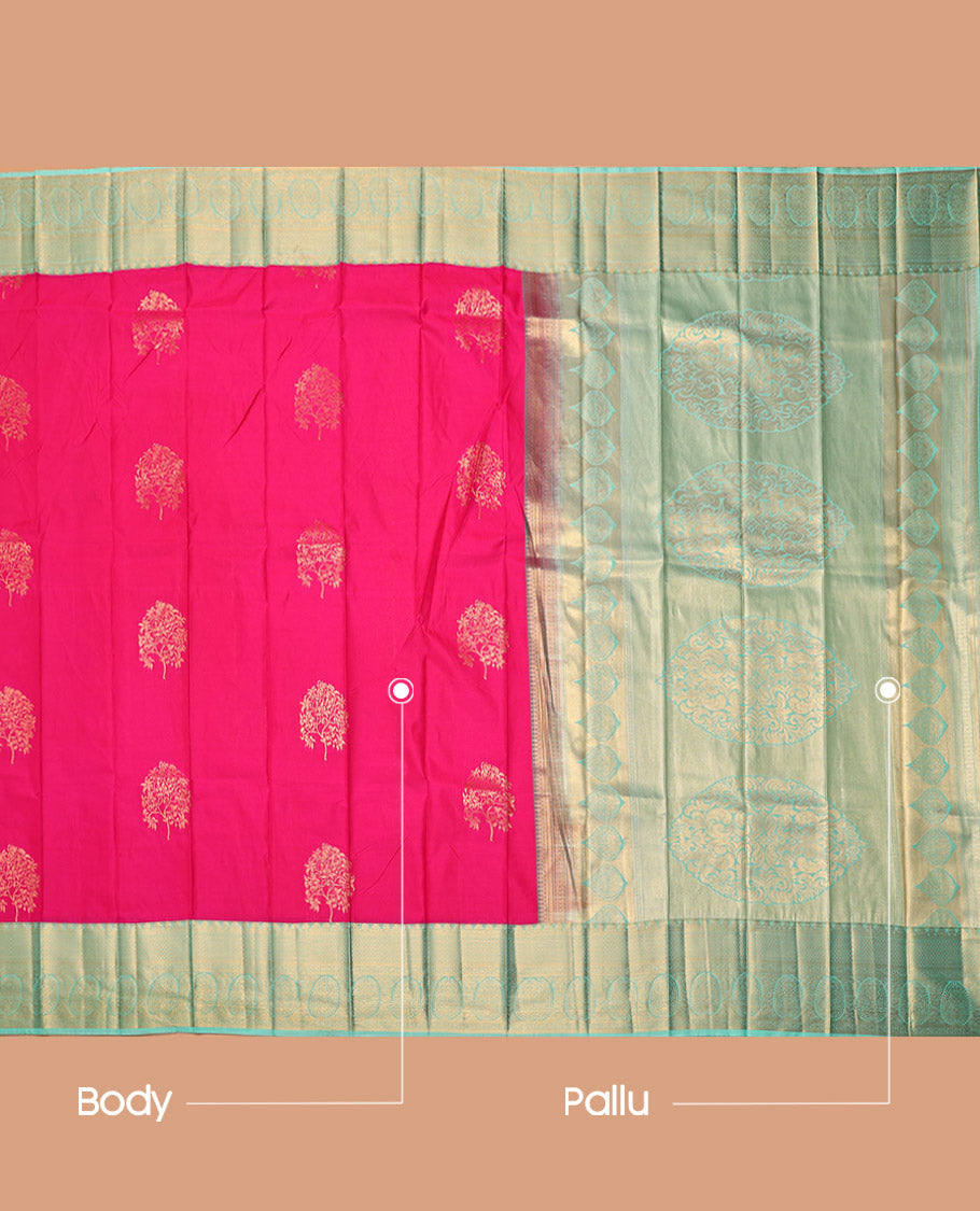 Pink Budget Silk Saree, Embellished with Zari Buttas, Complemented by a Contrast Traditional Zari Border, Grand Pallu, and a Contrast Blouse