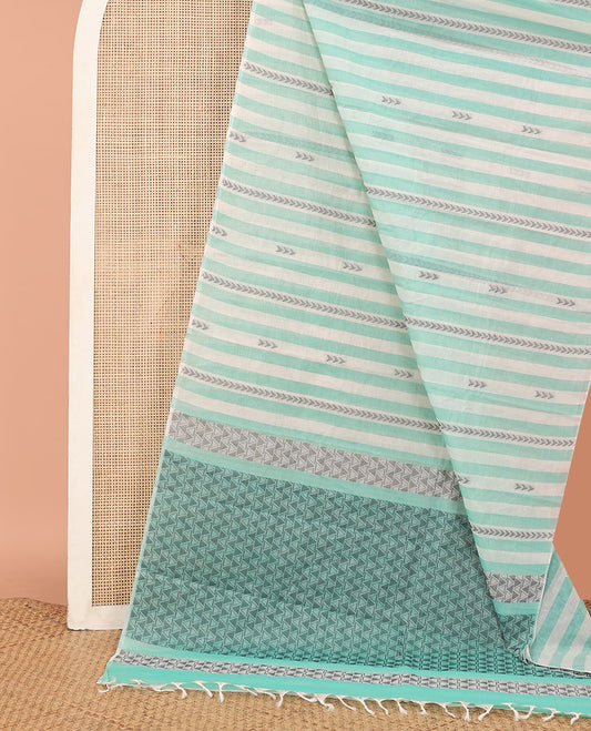 Borderless Off-White and Turquoise Kanchi Cotton Saree, Woven with Stripes and Buttas All Over Its Body, Intricately Designed Pallu of Geometric Designs, and Paired with a Matching Blouse