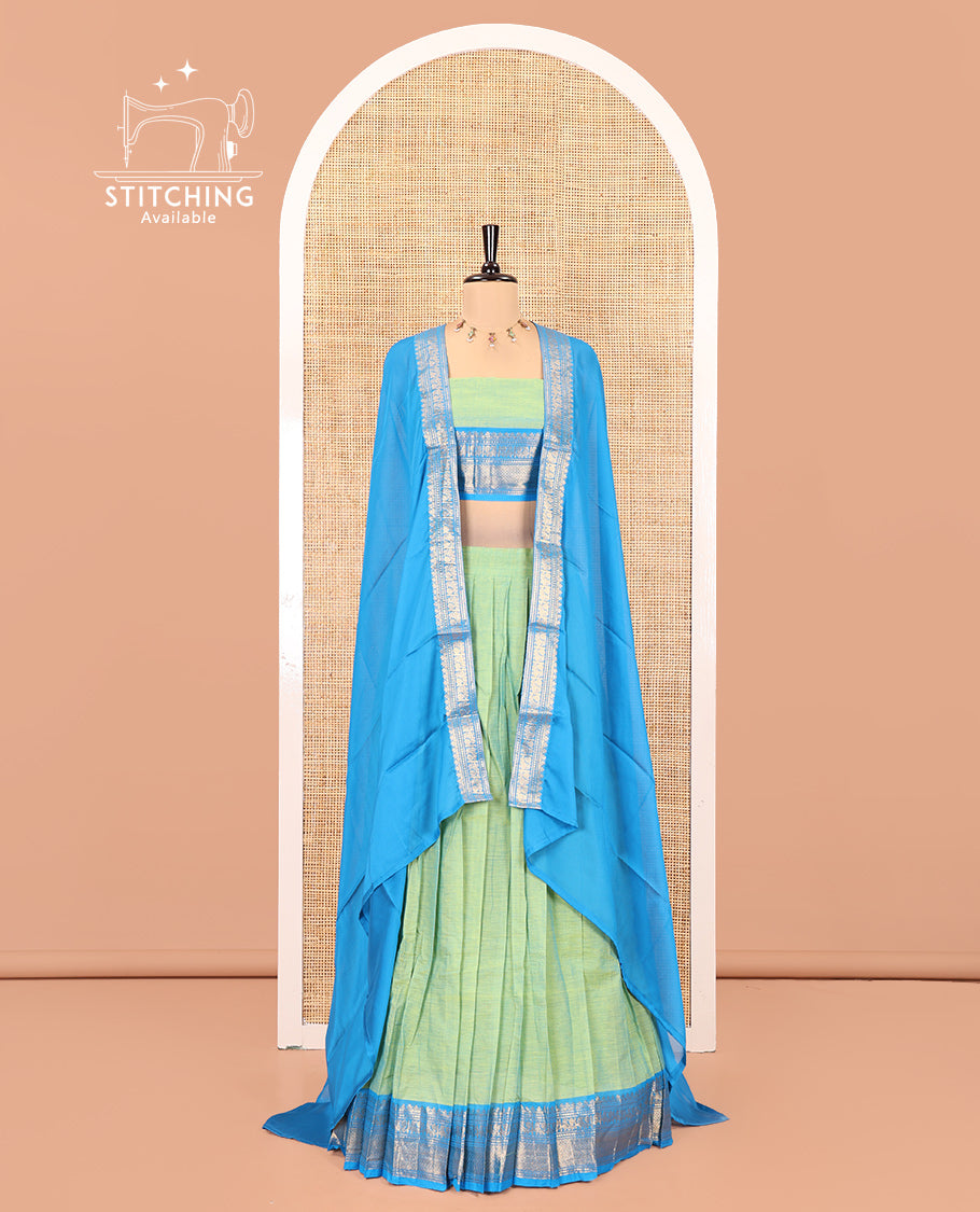 Liril Green-Firozi Blue Chettinad Cotton Half-Saree Featuring Plain Skirt, Contrast Traditional Border, Matching Blouse, Syska Georgette Dhavani