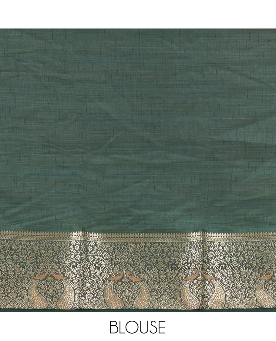 Cream-Green Plain Art Tussar Saree
