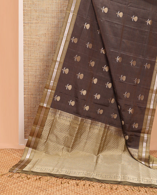 Brown striped, floral motifs mayuri soft silk saree with self striped border & floral design pallu