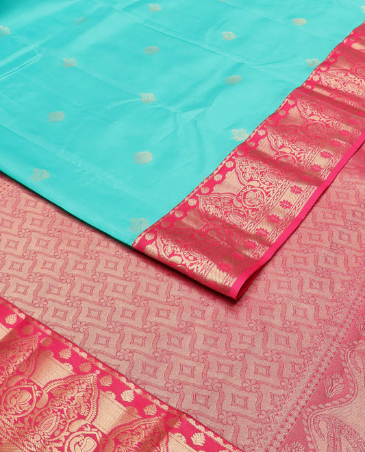 Blue zari buttas vasundhara silk mix saree, contrast geometric pallu & border of rekku,peacock & geometric designs