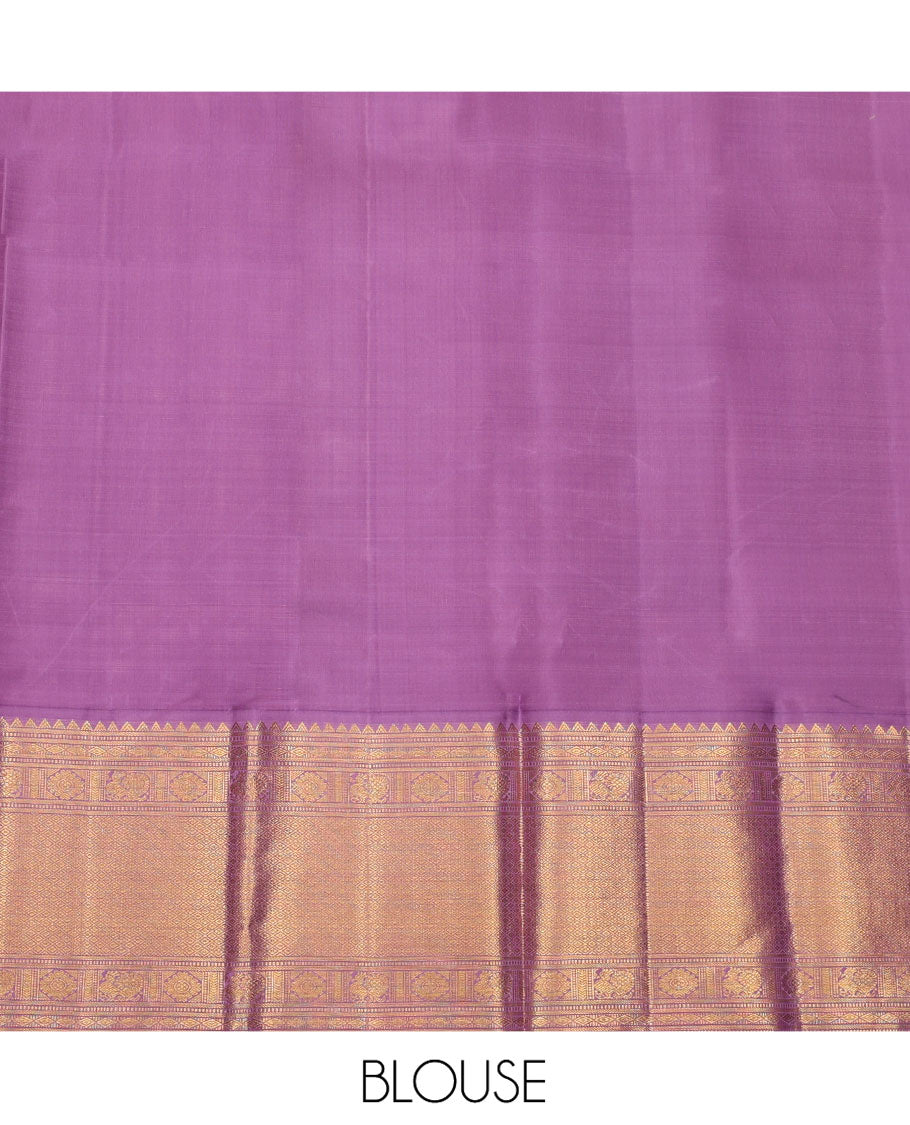 Yellow Pure Silk Half-Saree, Artfully Detailed with Mayil-Chakram Buttas on Its Skirt, Complemented by a Contrast Border of Rekku, Muthu, Diamond, Chakram, and Jaal Designs, Comes with a Contrast Blouse and a Dhavani of Jacquard Design