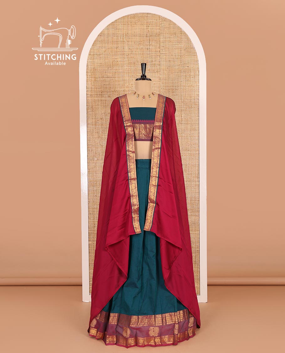 Peacock-magenta sungudi cotton half-saree, plain with contrast traditional zari peacock motif bordered skirt, matching blouse, and a zari bordered dhavani