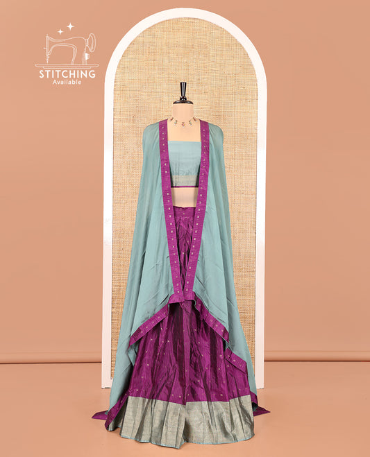 Purple-Grey Taffeta Silk Half-Saree Featuring Buttas Skirt, Contrast Border, Contrast Blouse, Contrast Plain Dhavani
