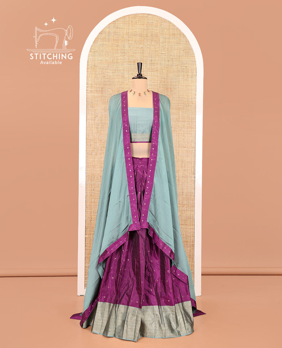 Purple-Grey Taffeta Silk Half-Saree Featuring Buttas Skirt, Contrast Border, Contrast Blouse, Contrast Plain Dhavani