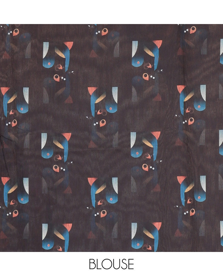 Borderless white modern art style Radha Krishna motifs printed chanderi cotton saree, big Radha Krishna motifs printed pallu and a contrast printed blouse