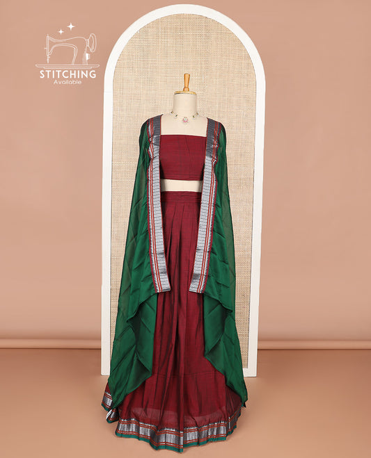 Maroon cotton half saree with contrast zari design border, zari design blouse & plain, zari design border dhavani