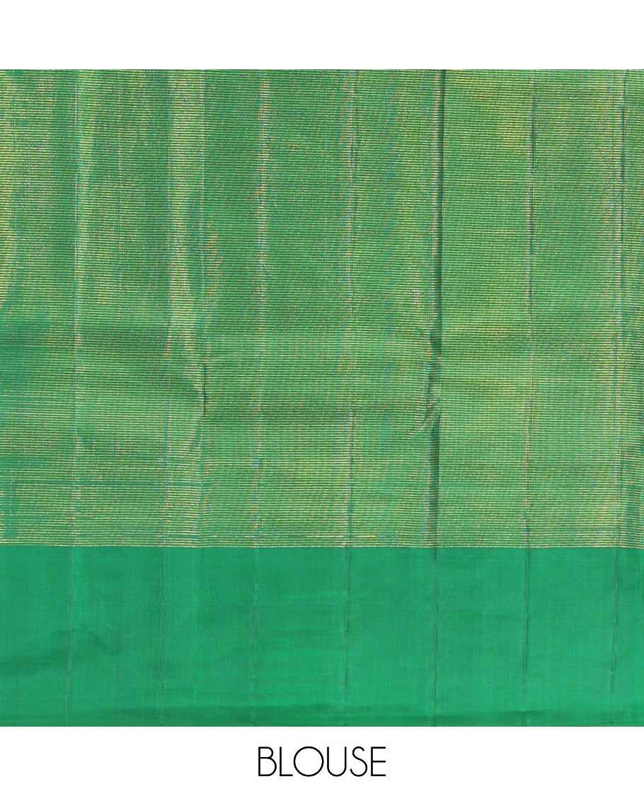 Green Kanchipuram Silk Saree, Woven with Zari Buttas and Stripes, Highlighted by a Zari Border of Floral Designs, Grand Jaal Pallu, and a Matching Blouse