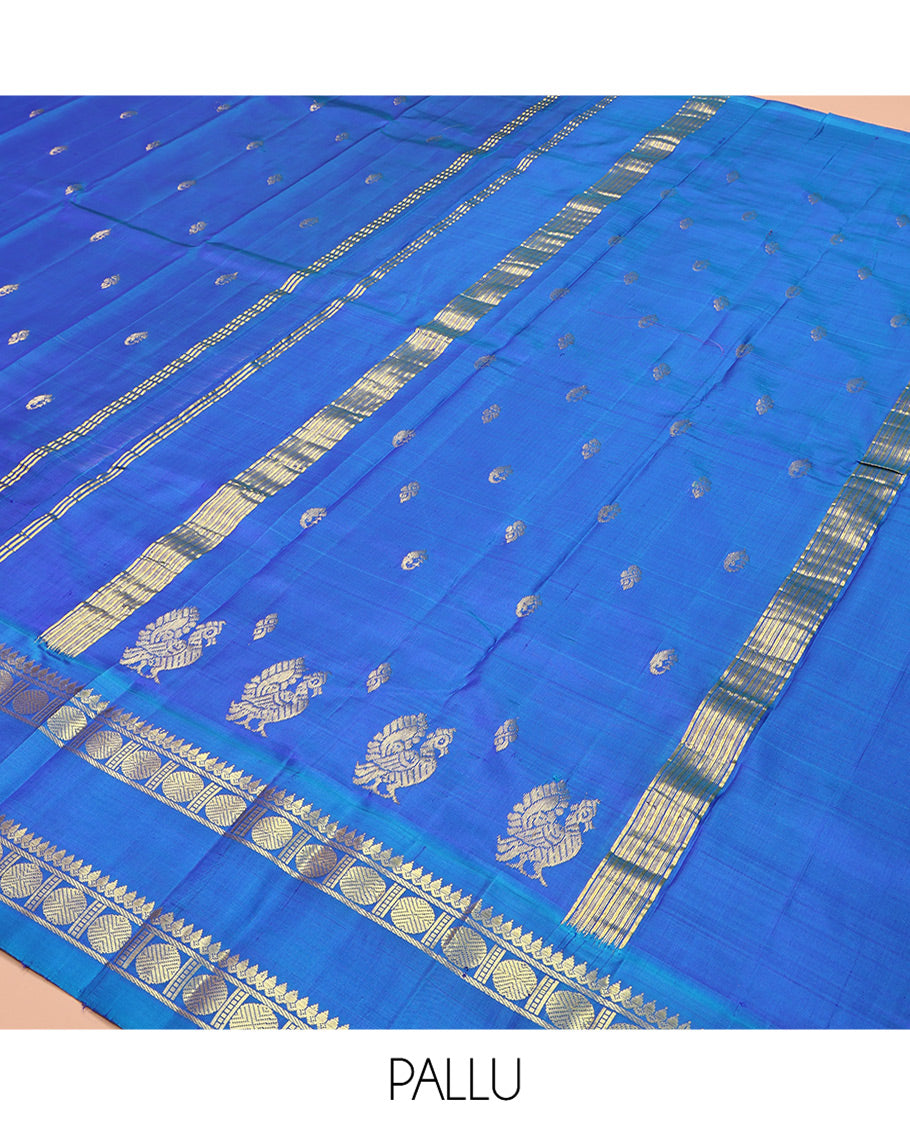 Blue Kanchipuram Silk Saree Features Zari Buttas, a One-Sided Rettai Pettu Border of Thilakam Mokku, and Rudraksham Designs, Zari Design Pallu, and No Blouse