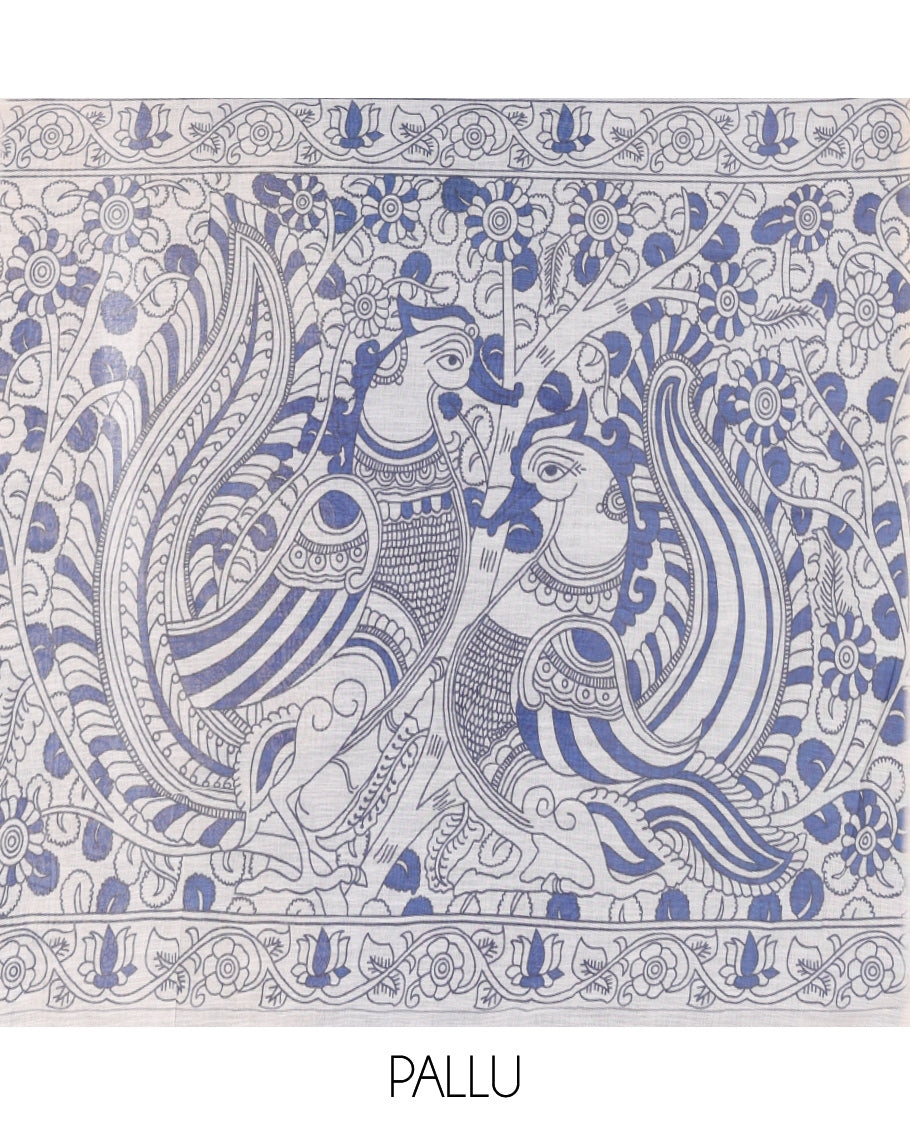 Blue Linen Cotton Saree, Adorned with Kalamkari Floral-Bird Print, Contrast Border, Kalamkari Peacock Pallu, a Contrast Blouse