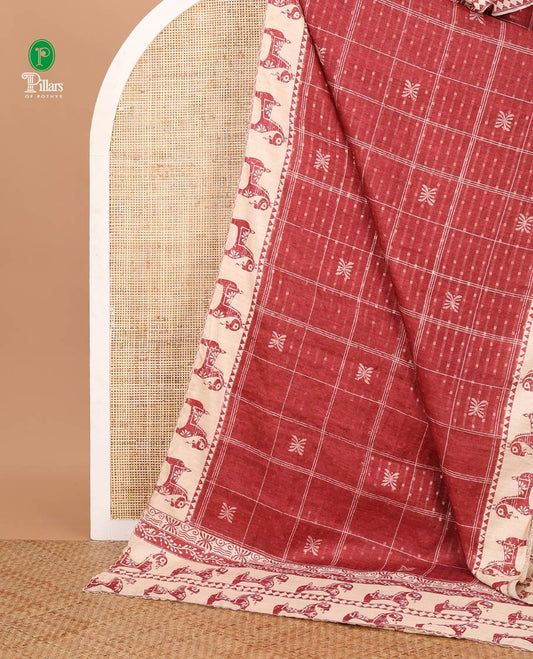 Maroon dobby-style buttas & checked printed semi-tussar saree, contrast Swadesh handblock printed scallop border & pallu features temple, horse & leaf vine motifs