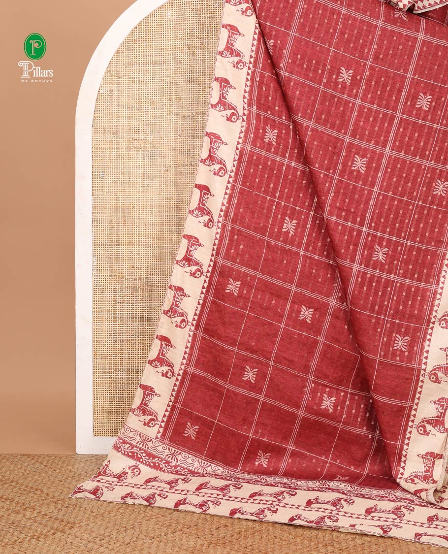 Maroon dobby-style buttas & checked printed semi-tussar saree, contrast Swadesh handblock printed scallop border & pallu features temple, horse & leaf vine motifs