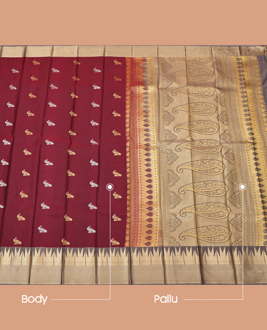 Maroon Budget Silk Saree, Adorned with Peacock Buttas, Complemented by a Contrast Temple Traditional Zari Border, Grand Pallu, and Contrast Blouse