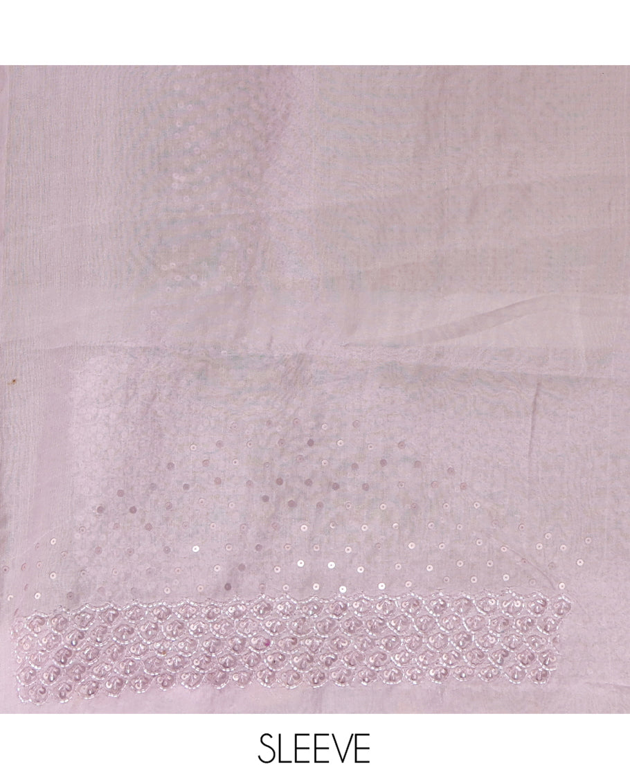 Lavender Turkey Organza Saree Features Leaf Glitterwork, Scallop Beadwork Border, Sequins Embroidered Blouse