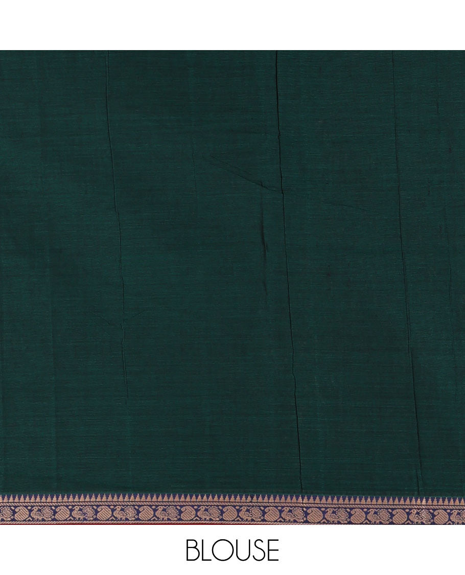 Green plain mercerised cotton saree, contrast temple traditional border, striped pallu, and a matching blouse