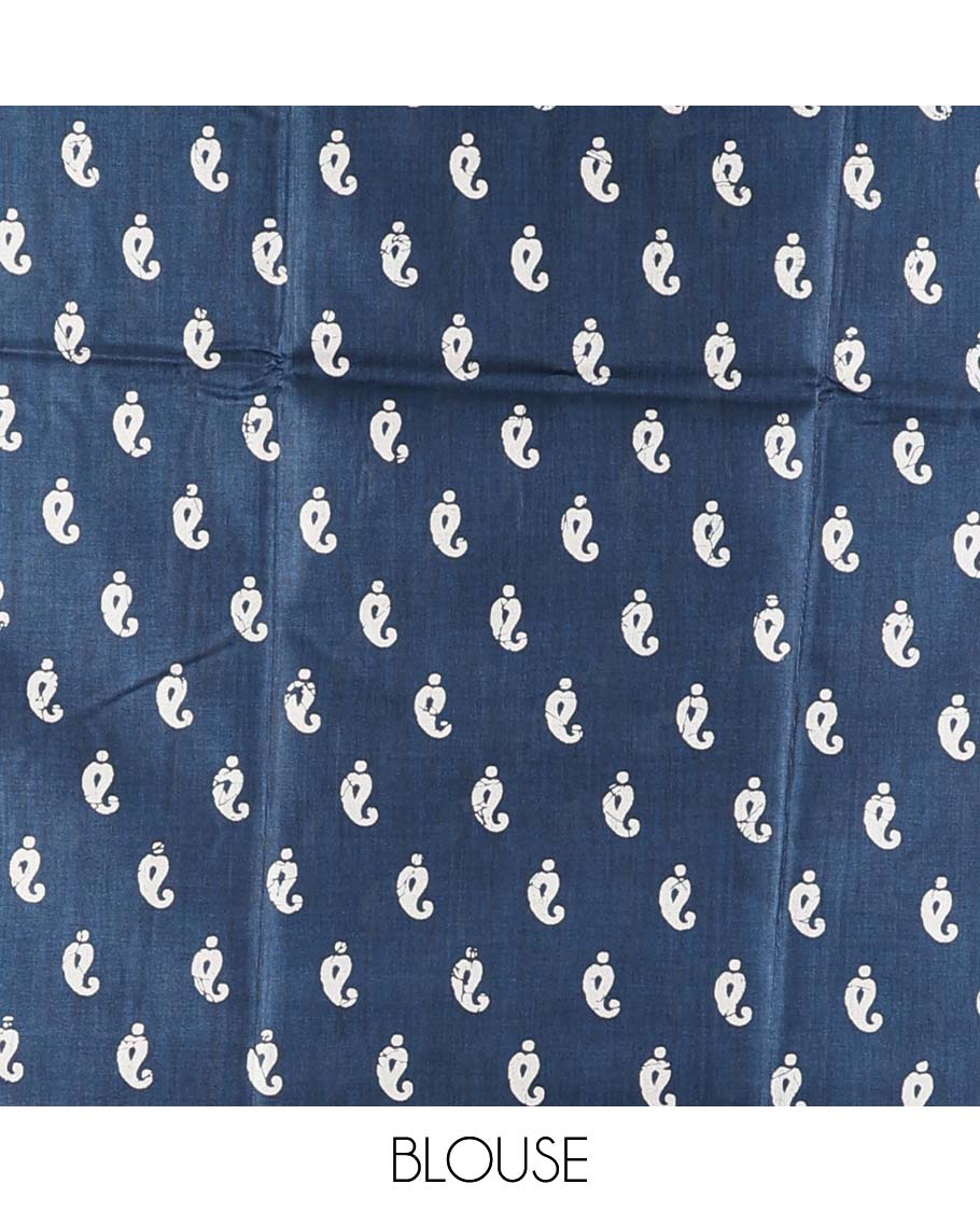 Navy blue pathik print dola soft silk saree with smally carry design print blouse