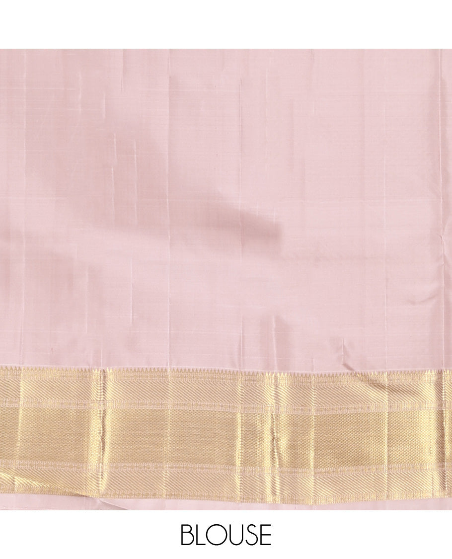 Baby Pink Geometric Embossed Parampara Silk Saree, Gleamed up with Zari Border of Rekku, Poun, Mayil Kann, and Zari Stripes, and Grand Jaal Pallu and Paired with a Matching Blouse